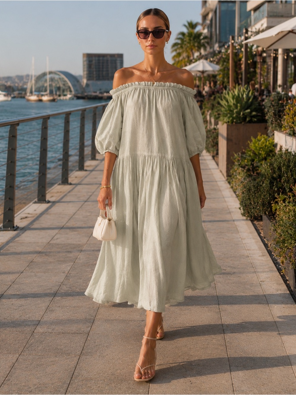 Zara 100% Linen Off Shoulder Midi Dress Sage Green Puff Sleeve NWT Size S